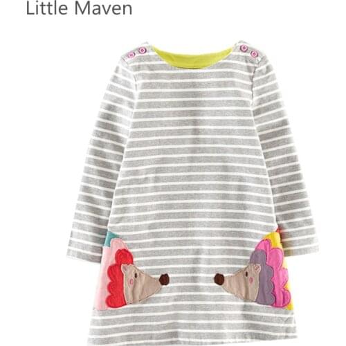 Little Maven Brand New Childrens Clothing Style Long Sleeve Striped Cartoon hedgehog Soft Kintting Cotton Girls Fashion Dress