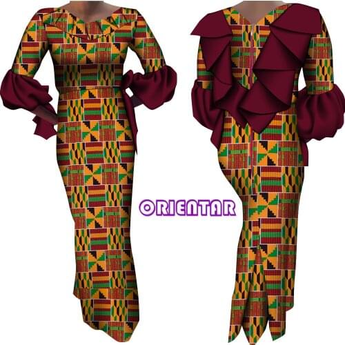 Ankara Fashion Women Dresses African Print V-neck Dress Flare Sleeve Lady Dashiki Party Dress Ruffle African Dresses WY9150