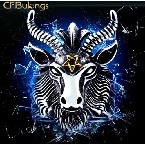 CFBulongs New Personality Big Satan Goat Head Ring Unique Stainless Steel Animal Zodiac Jewelry For Men