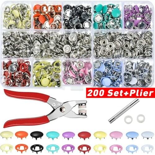 9.5/10mm 100/200Sets Metal Clothes Sewing Buttons Prong Ring Press Studs Snap Fasteners + Clip Pliers DIY Sewing accessories