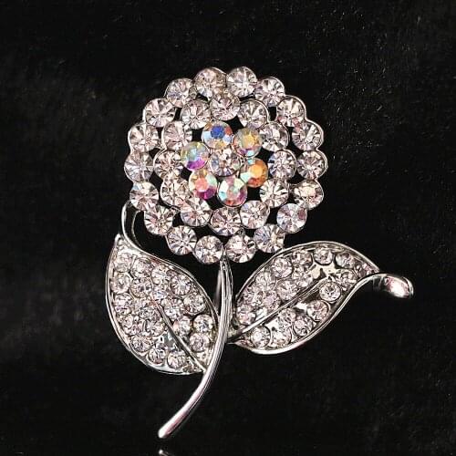 Office/career New White Rhinestone Crystal Sunflower Brooch Lovely Girl Beauty Birthday Gift Silver-color Pins Jewelry B1214