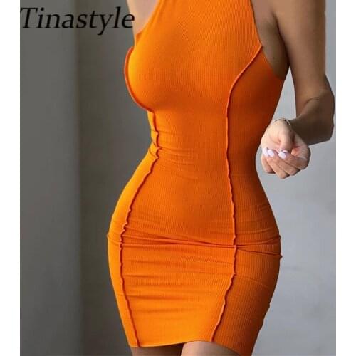 Tinastyle Ribbed Sexy Sleeveless Bodycon Mini Dress Women O Neck Short Skinny Summer Dress Black White Casual Party Club Dress