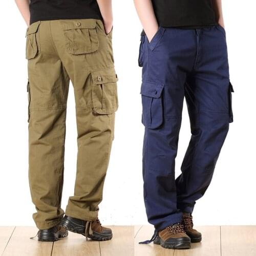 Plus Size Mens Straight Multi Pocket Cargo Pants Cotton Wearproof Loose Overalls Outdoor Hiking Camping Hunting Military Trouser