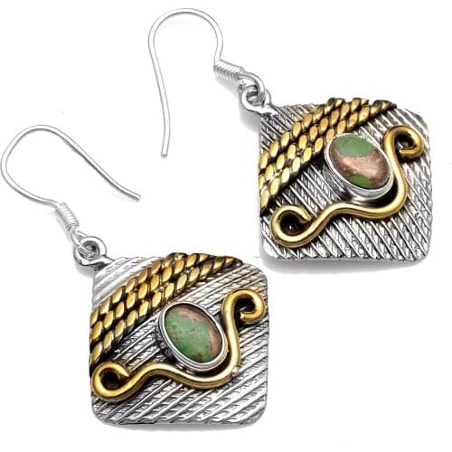 Genuine Copper Green Turquoise 925 Sterling Silver Earrings, 39.4 mm, AE2515