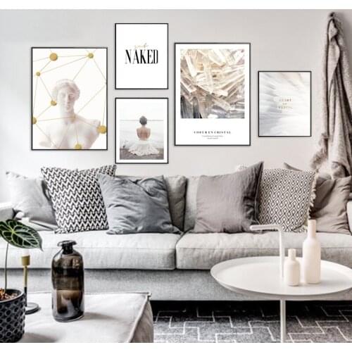 Nordic Figure Plaster Statue Feather Back Combination Canvas Painting Art Abstract Print Poster Picture Wall Home Decoration