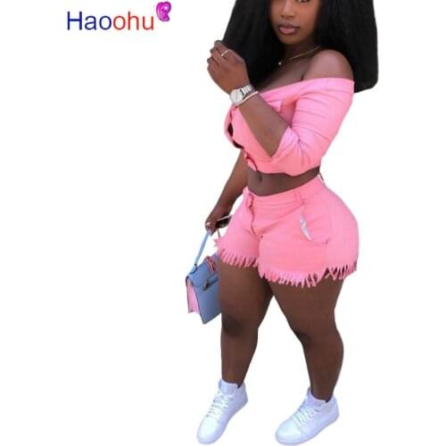 HAOOHU Tracksuit Womens Sets Off Shoulder 3/4 Sleeve Crop Top and Tassels Spliced Biker Short 2 Piece Outfits