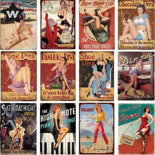 Vintage Sexy Tin Sign Plaque Pin Up Girl Metal Poster Wall Sticker Retro Style Metal Sign Tin Plate for Man Cave Club Decoration