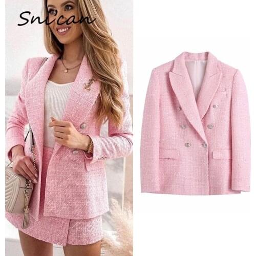 British Style Pink Tweed Jacket Coat Double Breasted With Pockets Fashion Office Ladies Chic Tops Casual Outwear Za Chaquetas