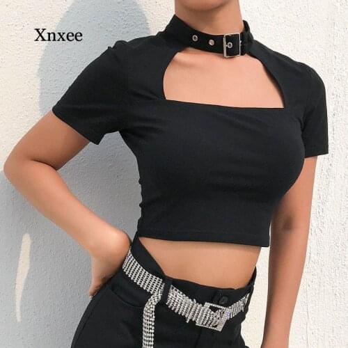 Buckle Halterneck Sexy Womens t Shirt Harajuku Long Sleeve Crop Top Streetwear Basic Tshirt Women Tight Tees Shirts