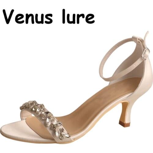 Peep Toe Wedding Heels for Women 2021 Ivory Satin Bridal Shoes Diamond 6.5CM