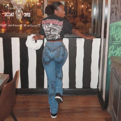 Butterfly Print WomenS High Waist Straight Jeans Pencil Pants Fashion Streetwear 2021 Summer Trousers Bottoms Pants