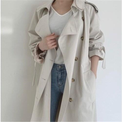 2021 New Autumn Winter Elegant Double Breasted Women Long Trench Coats Long Sleeve Loose Belted Split Female Blue Windbreaker287