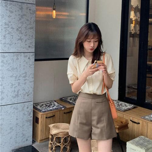 Ins Suit Womens Summer Solid Color Shirt + Cotton Shorts Two-piece Suit