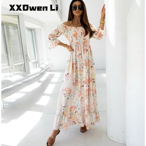 Autumn Elegant Flower Print Maxi Dress For Women Long Sleeve Sexy Off Shoulder Long Dresses 2021 Backless Ruffles Party Dress