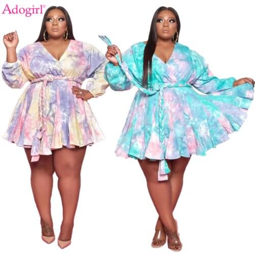 Adogirl XL-5XL Tie Dye Print Plus Size Women Flare Mini Dress with Braided Belt Wrap V Neck Long Sleeve Fashion Sexy Vestidos