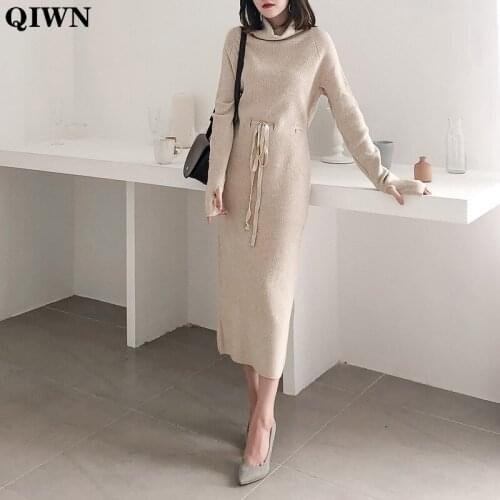 Women Drawstring Sweater Dress Autumn 2020 New Turtleneck Cashmere Knitted Sweater Dress Woman One Piece Office Midi Dresses