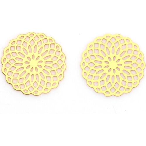 10 PCs Round Flower Hollow Copper Embellishments Gold Color For DIY Jewelry Making 15mm( 5/8") x 15mm( 5/8")
