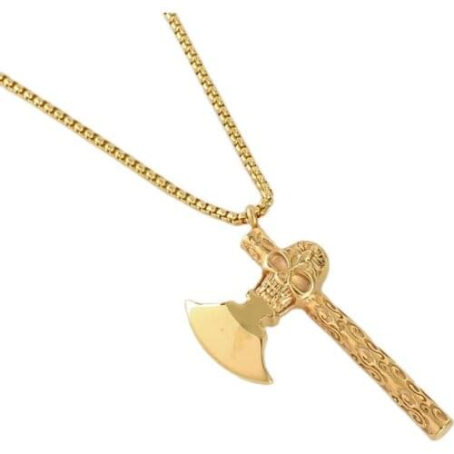2019 new IP black plating Stainless steel engraved axe pendant & necklace mens cool skull carved axe hatchet necklace jewelry
