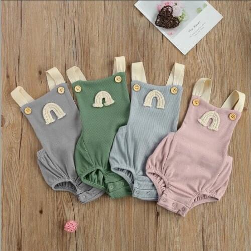 2021 New Newborn Baby Summer Ribbed Romper Baby Girl Sleeveless Backless Rainbow Pattern Square Collar Button Playsuit Bodysuits