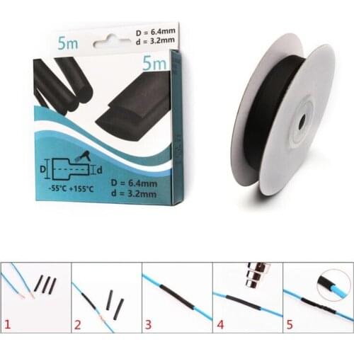 5M * 6.4mm Insulation&Waterproof Heat Shrink Tube Black Polyolefin 2:1 Wrap Wire Cable Sleeves Shrinkable Thermal Tube Kit