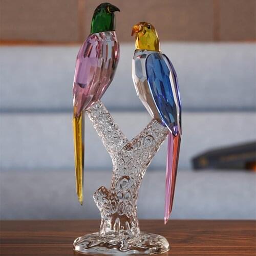 Handmade Crystal Parrot Ornament Bird on Branch Bird Statue Living Room Wine Cabinet Table Decoration Wedding Gifts