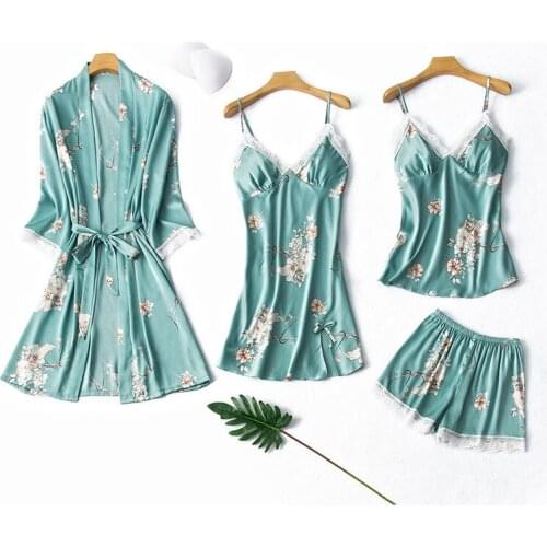 Lady Print Floral 4PCS Robe Gown Sets Sexy Lace Trim Suspender Skirt Bride Daily Dressing Gown Kimono&Shorts Lounge Home Clothes