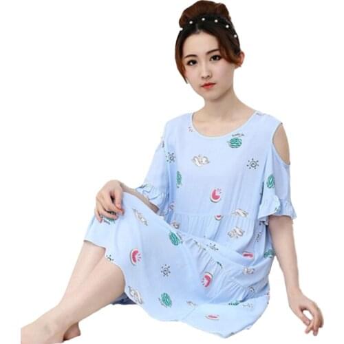 Nightdress Home wear Cotton Girl Summer Thin Cartoon Cute Skirt Loose Large Size Leak Shoulder Short Sleeve Soft bathrobe