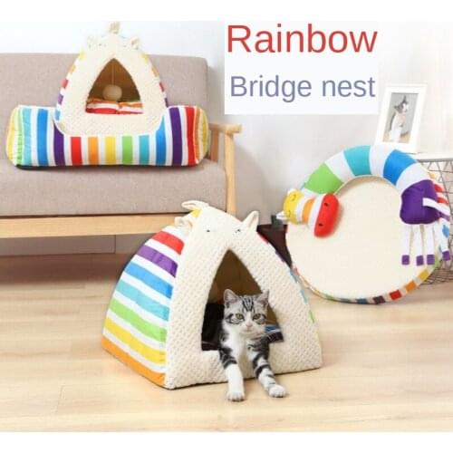2021 New Rainbow Series Pet Nest Cushion Yurt with Hanging Ball Sofa Cushion Cat Nest Winter Kennel Cat Accessories Pet