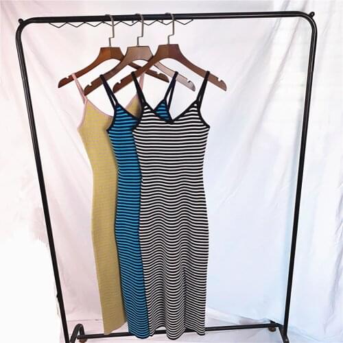 Dress Split Ice Silk Bottomed Medium Length Vest Skirt Sexy 2021 Summer New Striped Suspender