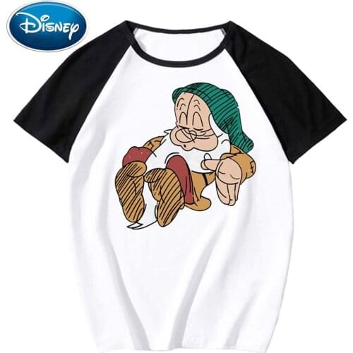 Disney Stylish Seven Dwarfs Cartoon Print O-Neck Pullover Short Sleeve Contrast Color Unisex T-Shirt Tees Tops XS - 3XL 9 Colors