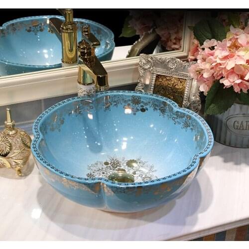 Europe Vintage Style China Artistic Embossed Wash Basin Lavobo Ceramic flower Coutertop Bathroom Sink cabinet wash hand basin