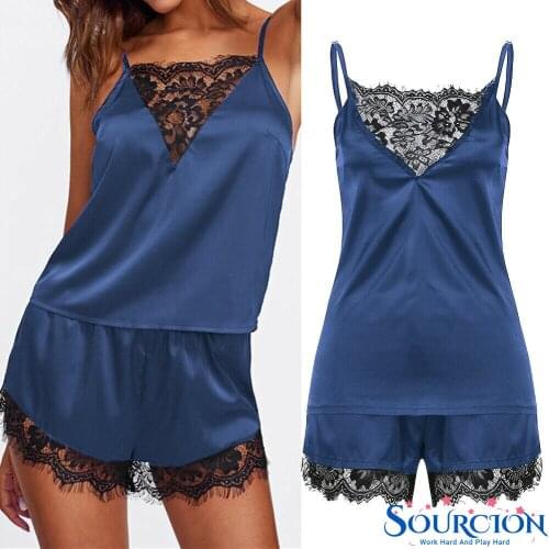 SWT Women Sleepwear Lace Satin Pajamas Lace Underwear Adult Sexy Set Nightwear Vest Top + Shorts Pjs Satin Silk Lingerie