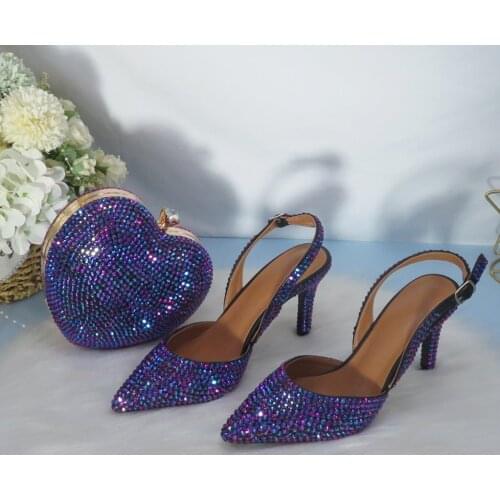 2021 New Arrival Heart Purple AB Bling Pointed Toe Bridal Shoes and bag Woman High Pumps Thin Heel Party Shoes and backs