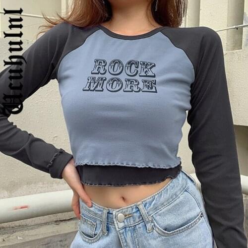 Ucuhulnl Streetwear Letter Printed Long Sleeve Woman Tshirts Patchwork Bodycon Crop Top Tee Contrast Color Autumn T Shirt Cute