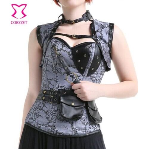 Vintage Steel Boned Waist Trainer Corset Plus Size Steampunk Corsets Black Gothic Clothing With Jacket, Belt Women Corselet