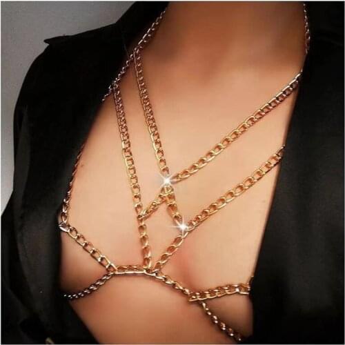 Bohemian New Beach Womens sexy chest chain metal cross chest chain shiny crystal bra body Necklace Jewelry 2021