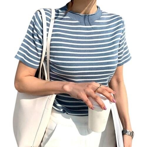 2021 Summer ice cream color tee-shirt female short Cute t-shirt striped slim knitting Top Short Sleeve Turtleneck