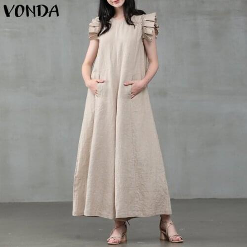 Women Cotton Wide Leg Jumpsuits 2021 VONDA Summer Jumpsuits Women Overalls Casual Palazzo Pants Playsuits Femme S
