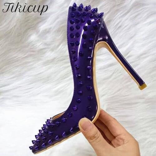 Tikicup Dark Purple Women Patent Leather Pointy Toe High Heel Shoes Sexy Ladies Slip On Stiletto Pumps 8cm 10cm 12cm Customize