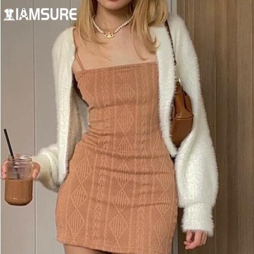 IAMSURE Furry Knitted Cardigans Women 2021 Autumn Winter Casual Solid Long Sleeve Crop Top Sweet Cute Korean Style Streetwear