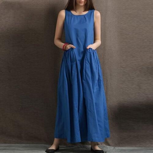 Cotton Linen Dress Round Neck Sleeveless Blue Tank Dresses with Pockets Khaki Vintage Plus Size Women Clothing Vestido De Mujer