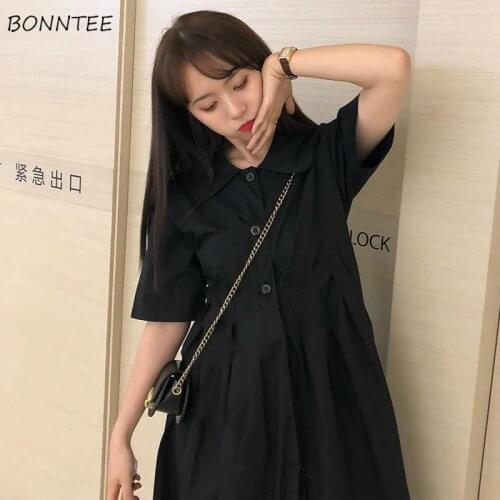 Dress Women Solid Baggy Lapel Summer Short Sleeve Harajuku Simple Students Maxi Pleated High-waist All-match Fashion Daily Chic