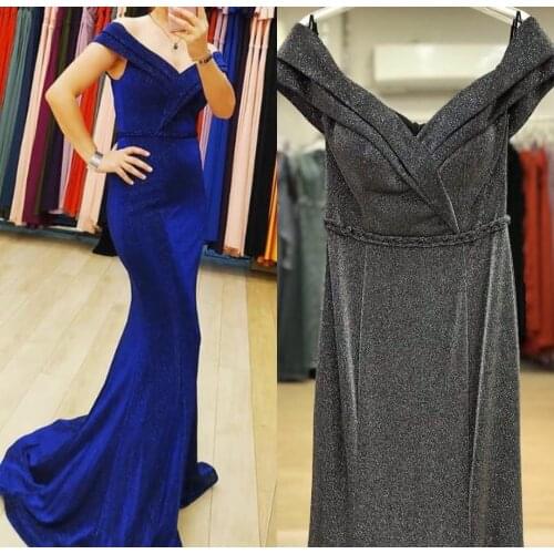 Elegant Long Royal Blue Off Shoulder Evening Dresses Lace Up Back Mermaid Glitter Abendkleid Robes de Soirée for Women
