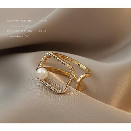 Geometric Cut Out Square Pearl Gold Rings For Woman 2021 New Wedding Party Girls Sexy Finger Set With Korean Fashion Jewelry