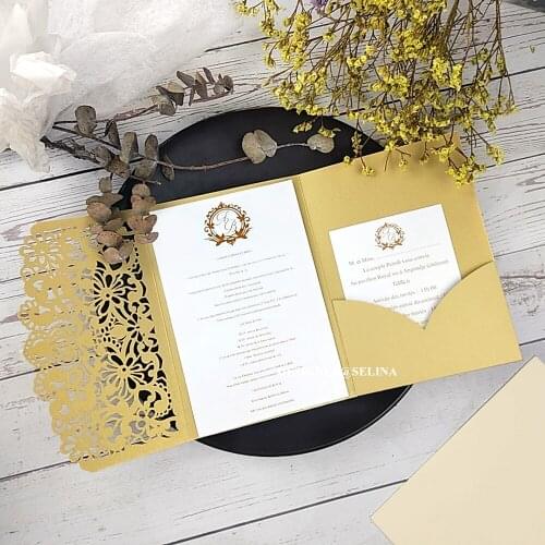 50X Gold Floral Pocket Wedding Invitation With Personalized Print Insert And Small Card Laser Cut Trifold Invites For Marriage