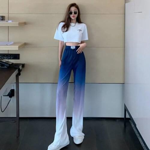 Gradient Summer Wide Leg Pant Folds Thin High Waist Loose Blue Grey Streetwear Women Korean Fashion Plus Size Fluid Trousers