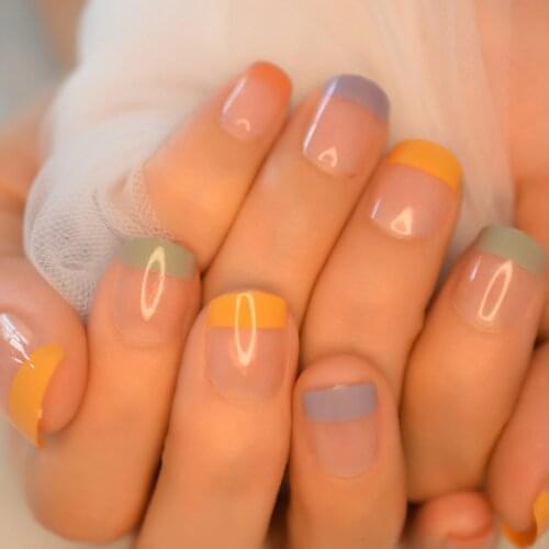 Glossy Detachable Short Square Colorful French Fake Nails Clear Yellow Blue Full Nail Art Tips Artificial False Finger Nails