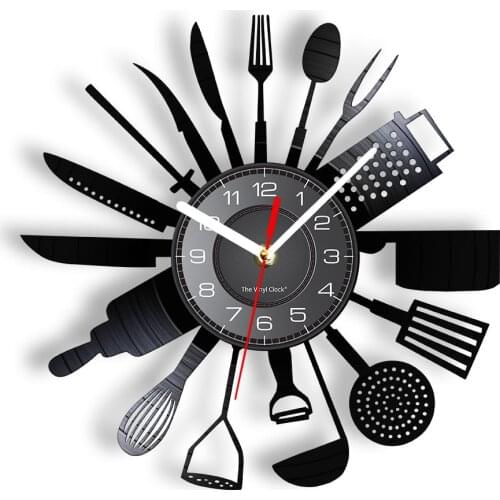 Cooking Set Wall Clock Knife Fork Spoon Vinyl Record Kitchen Home Decor Reloj De Pared Quartz Watch Zegar Scienny