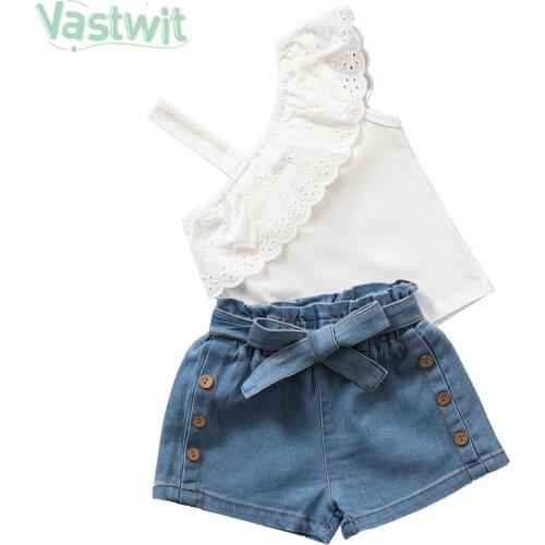 Summer Newborn Baby Clothes Sets One Shoulder Ruffle Sleeveless T Shirts Tops Belted Denim Button Shorts 2pcs Toddler Kid Outfit