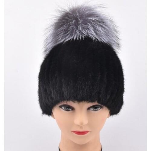 Natural Fur Beanie Hat for Women Winter Luxury Fox Fur Top Hat Beanies Thicken Knitting Cap